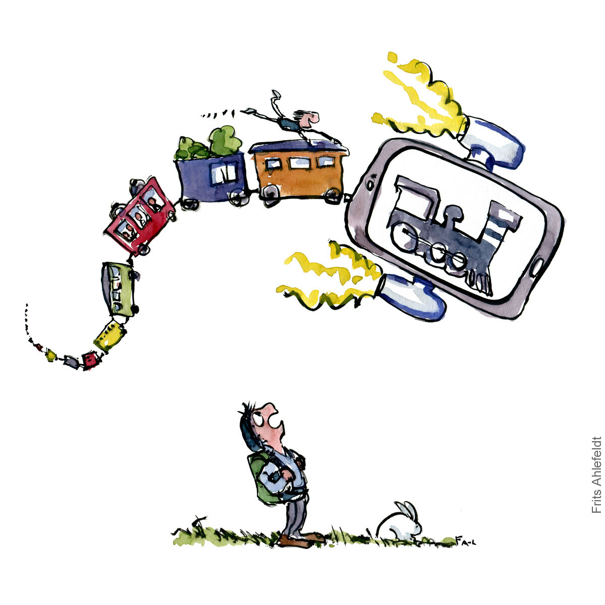 Drawing of a flying phone with a train on it. A hiker watching it. illustration handmade by Frits Ahlefeldt