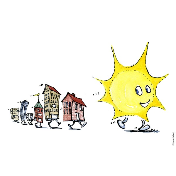 Drawing of houses following the sun. Illustration handmade by Frits Ahlefeldt