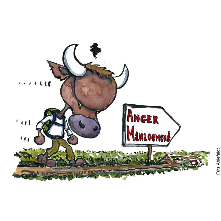 Drawing of an angry bull with backpack, walking towards a sign saying Anger management. Illustration handmade by Frits Ahlefeldt