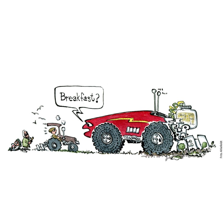 Drawing of a self-driving AI tractor, asking farmer "breakfast". Technology illustration handmade by Frits Ahlefeldt