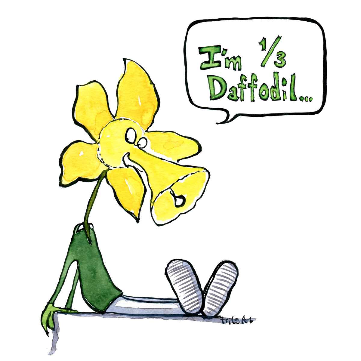 Drawing of a half man half flower saying I'm one third daffodil. Biodiversity illustration by Frits Ahlefeldt