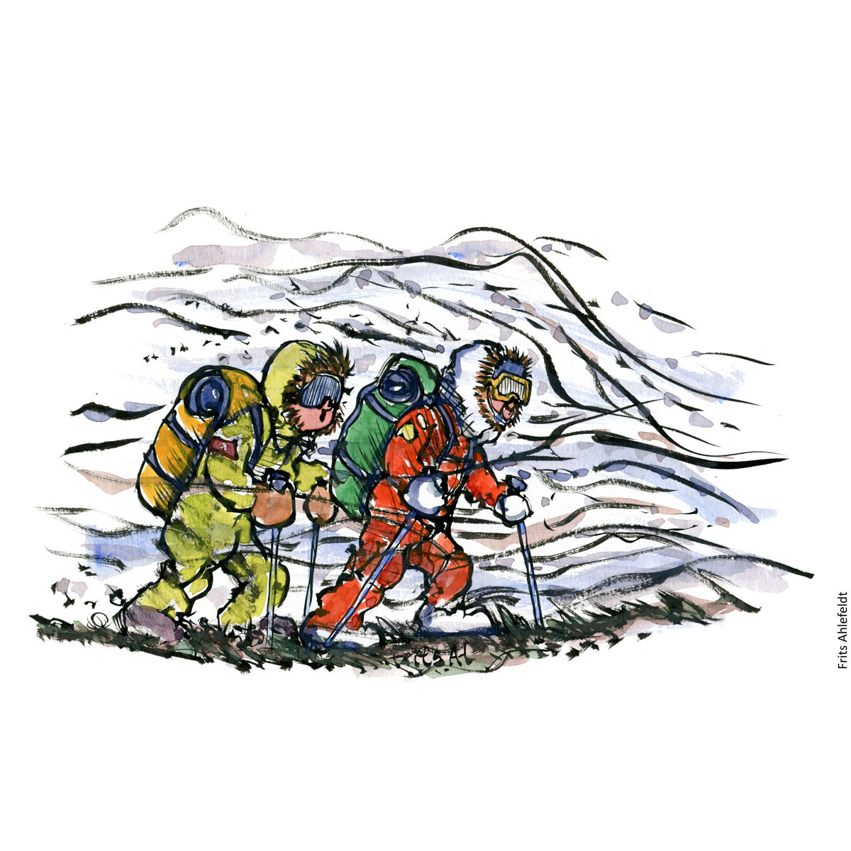 Drawing of two expedition hikers in storm. Handmade color illustration by Frits Ahlefeldt