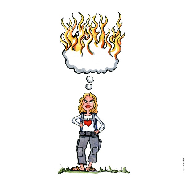 Drawing of a hiker with a cloud with fire in it over her head. and heart t-shirt. Passion handmade color illustration by Frits Ahlefeldt