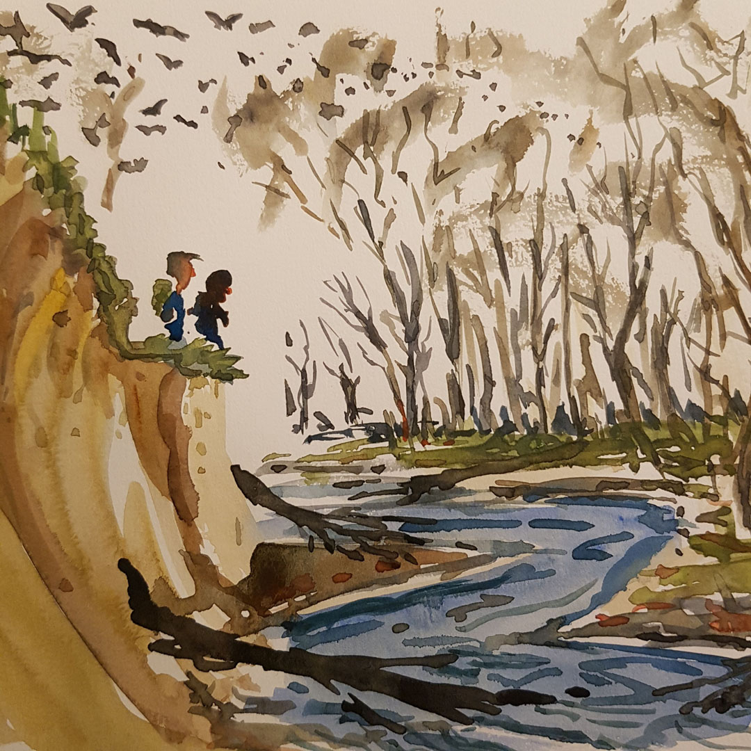 Hikers sitting above river ( koege aa) Denmark Watercolor by Frits Ahlefeldt