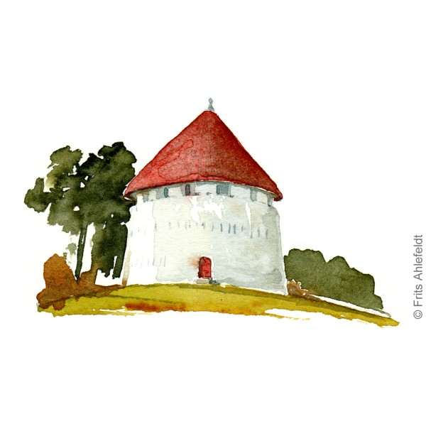 Roenne Castel defense tower. Bornholm Kastellet. watercolor painting by Frits Ahlefeldt