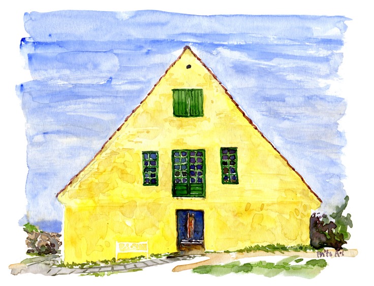 Watercolor of "vagten" a large yellow building on Christiansø, Ertholmene. Painting by Frits Ahlefeldt