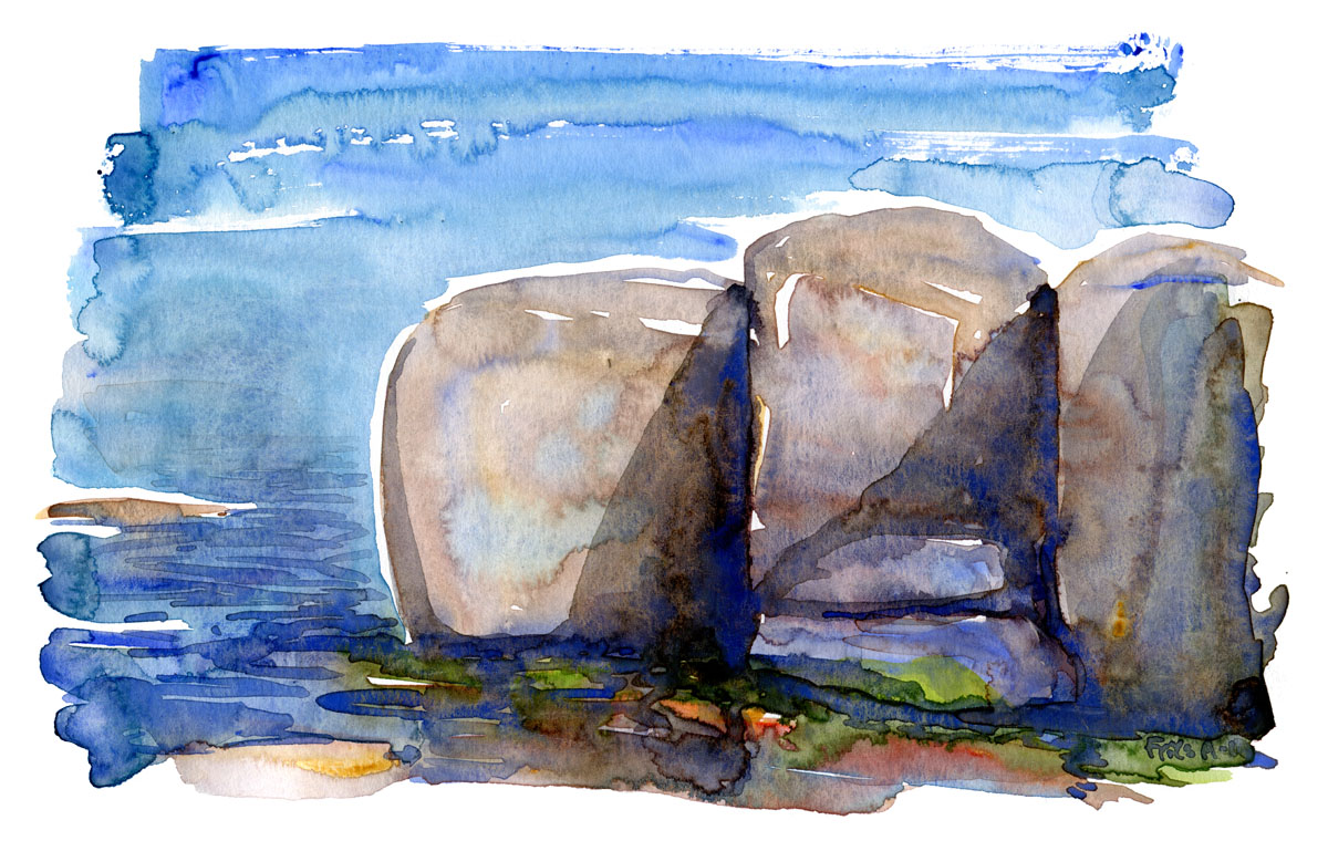 watercolor of granite rocks on Ertholmene islands in the Baltic sea. Watercolor by Frits Ahlefeldt.