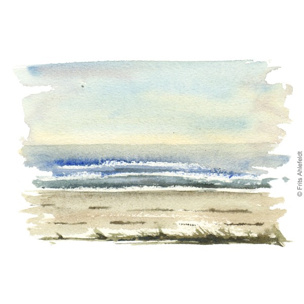 Coast view. Beach. Bornholm coast trail hiking watercolor painting by Frits Ahlefeldt