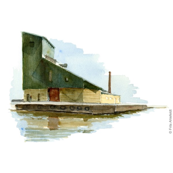 Nexo harbor building. Bornholm watercolor painting by Frits Ahlefeldt