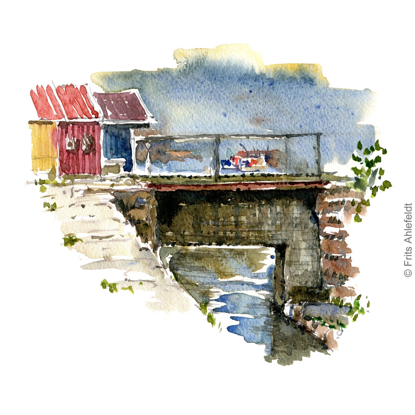 Nexo harbor. houses. Bornholm watercolor painting by Frits Ahlefeldt