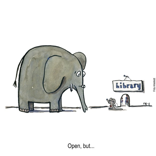Illustration of an elephant looking sad at a mouse in front of a tiny door with Library on it. Drawing by Frits Ahlefeldt Landscapes of understanding