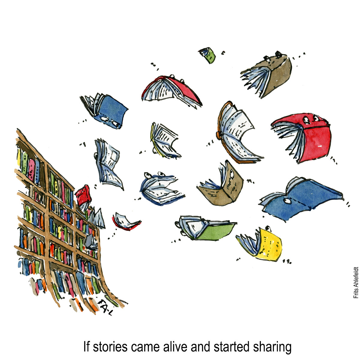 Illustration of a bookshelf with books flying out talking to each other. Drawing by Frits Ahlefeldt - texted