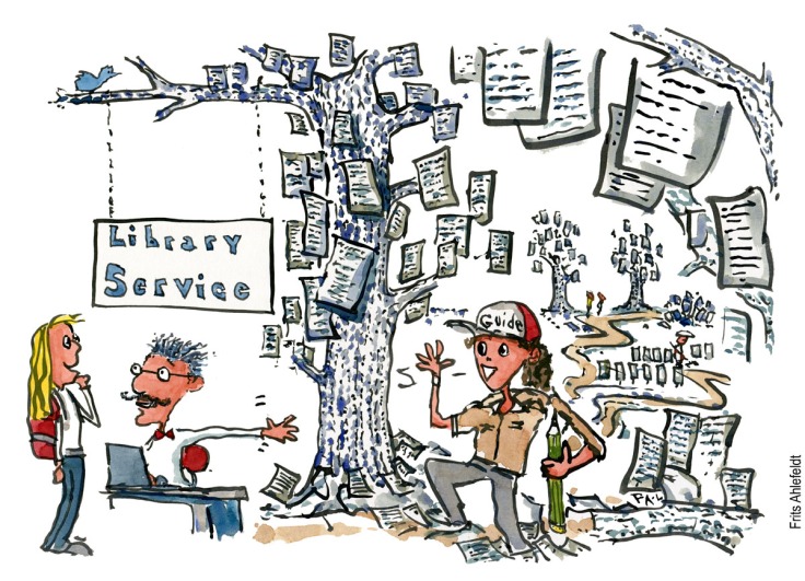 Illustration of Librarian under library service sign, pointing towards a library guide in a paper jungle. Drawing by Frits Ahlefeldt Landscapes of understanding