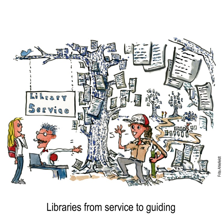 Illustration of Librarian under library service sign, pointing towards a library guide in a paper jungle. Drawing by Frits Ahlefeldt - texted Landscapes of understanding