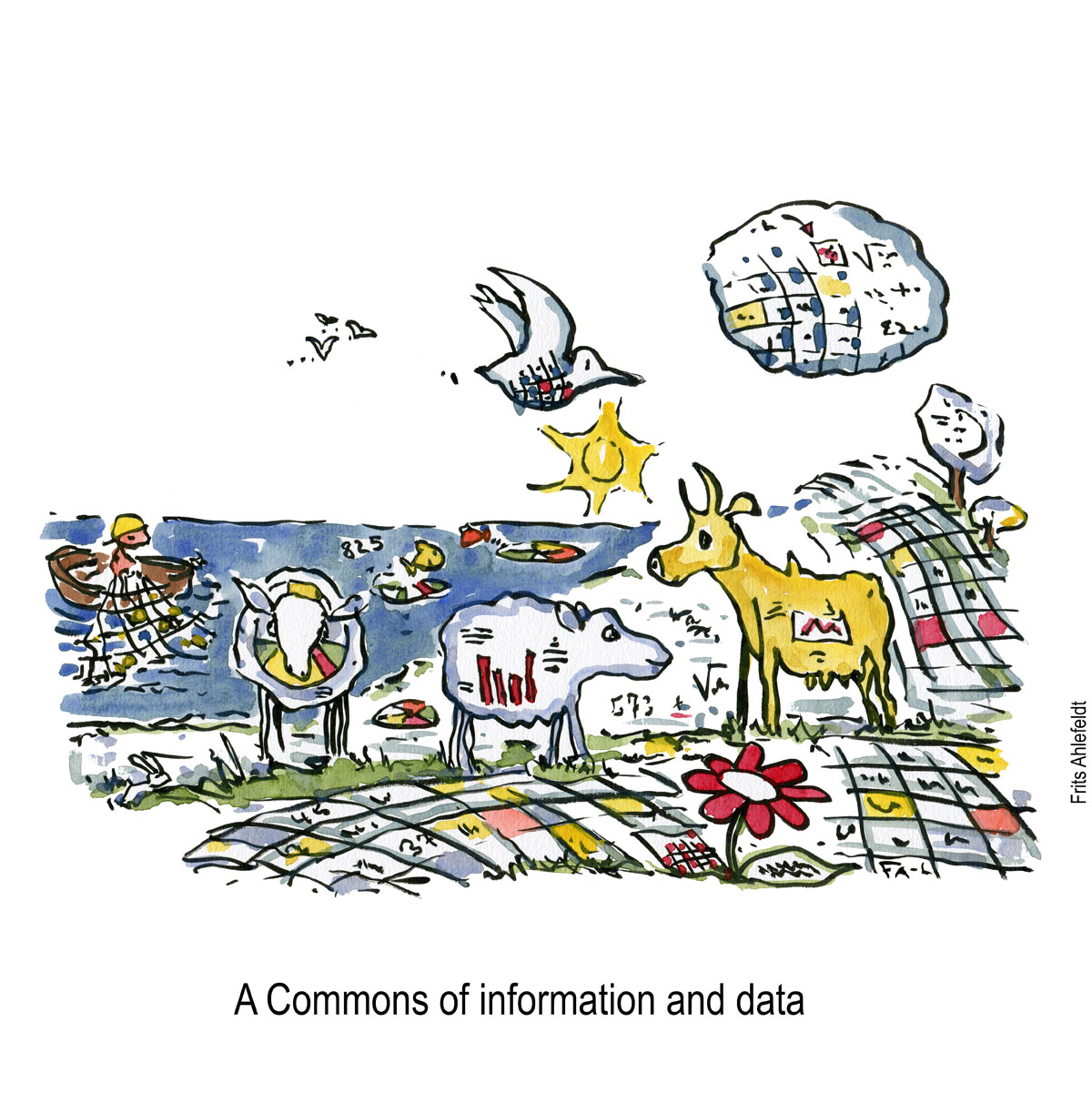 Illustration of a commons with data animals and information creatures moving around. Landscapes of understanding drawing by Frits Ahlefeldt