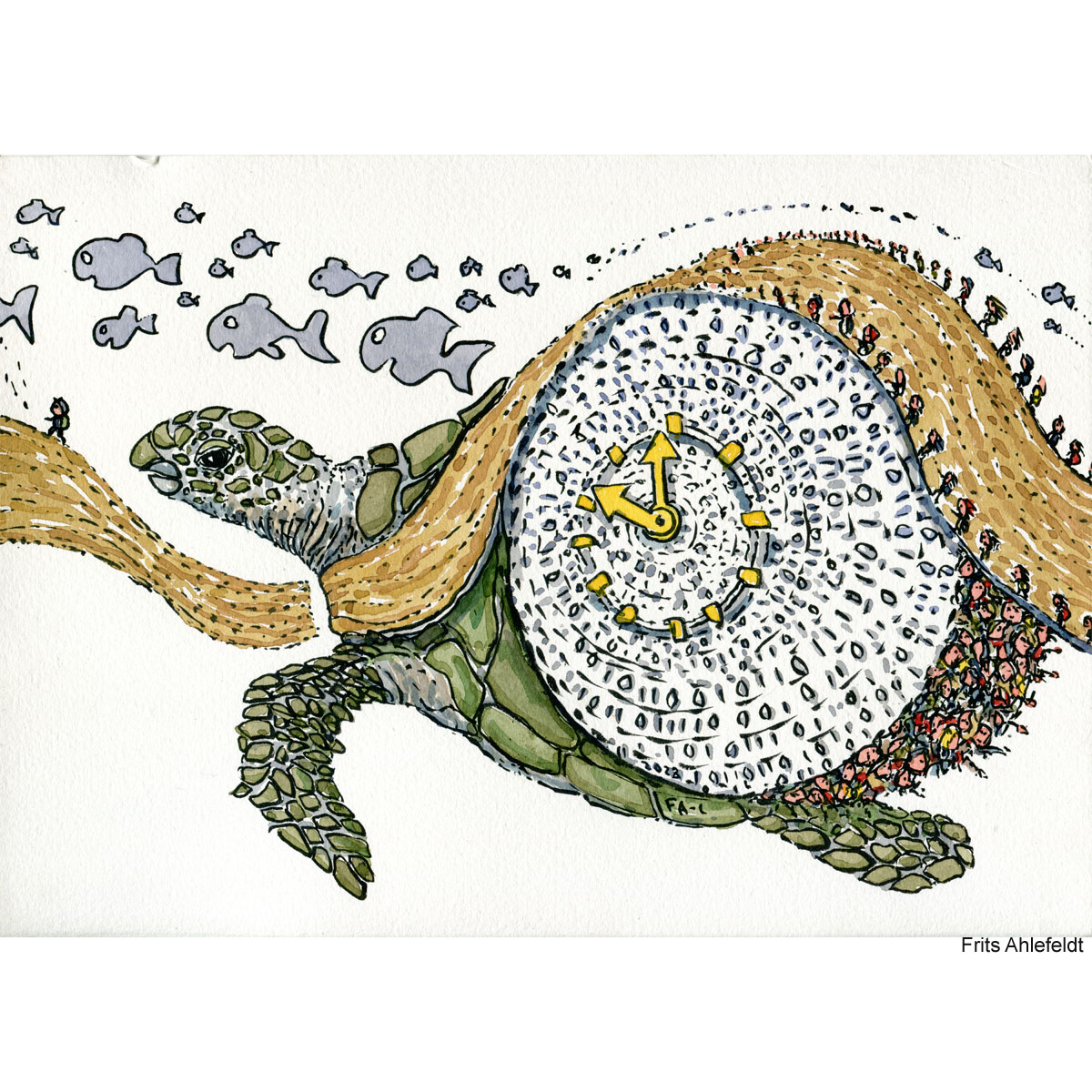 Drawing of a turtle with a clock on its back, and a storylinegrid, trail heading on. Illustration by Frits Ahlefeldt